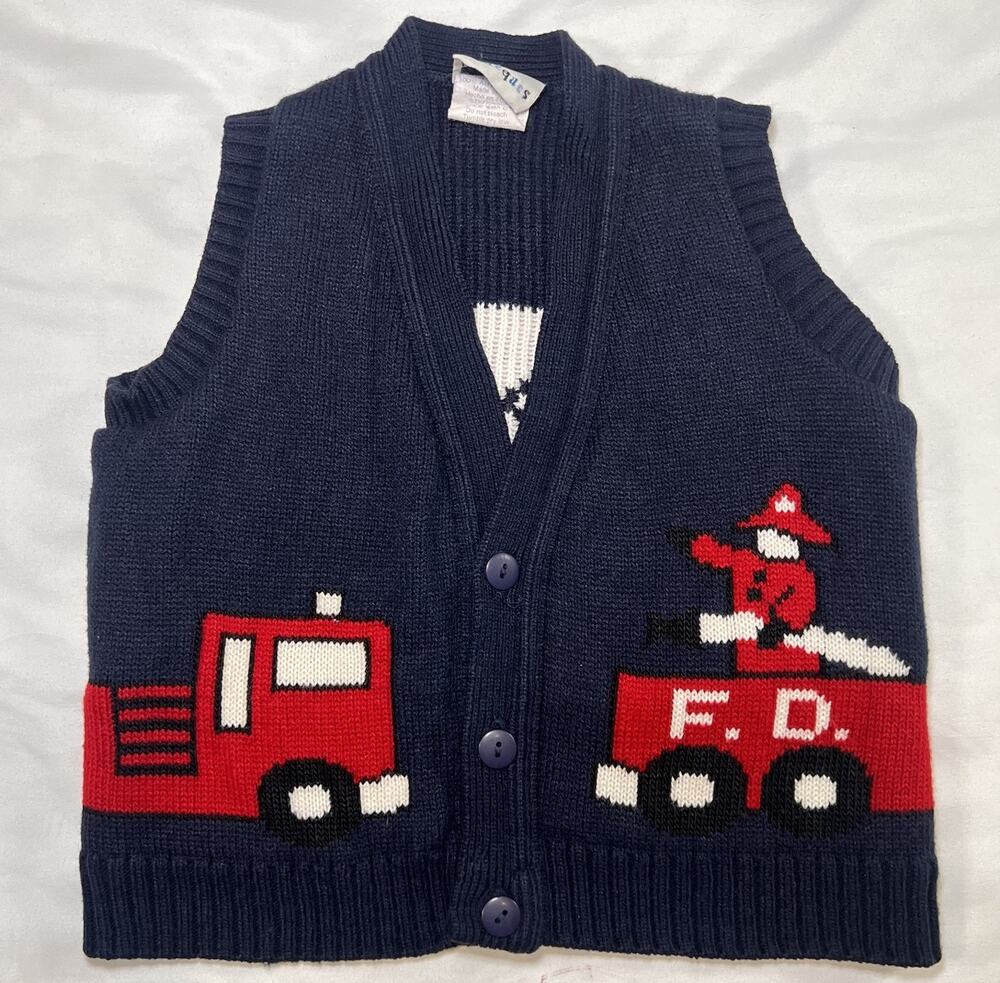 Little Jacques Sweater Vest Toddler Size 2T Fire Truck Fireman Knit Vintage USA